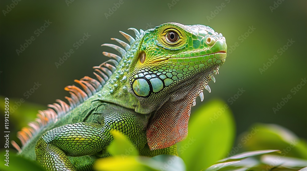 Vibrant green iguana perched on lush foliage, showcasing intricate scales and dewlap. Vibrant green iguana perched on lush foliage, showcasing intricate scales and dewlap.