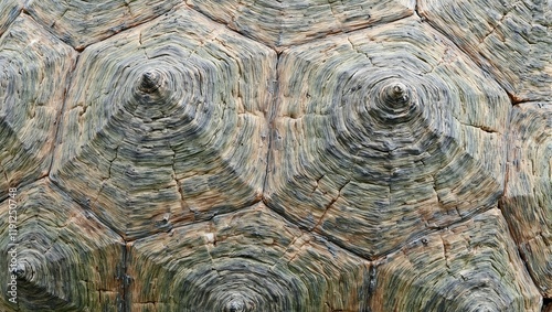 Detailed image of a turtles shell showcasing hexagonal scutes with green and brown tones highlighted by scaly skin