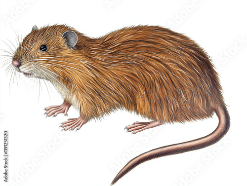 Muskrat (Ondatra zibethicus) - A detailed hand-drawn depiction showing its brown waterproof fur, long scaly tail, and webbed hind feet, isolated on a white background