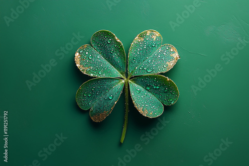 Close-up view of a three-leaf shamrock with dew droplets on a green background, symbolizing good luck and nature's beauty photo