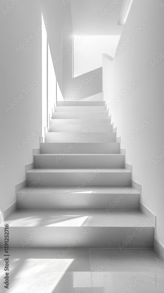 Minimalist white staircase bathed in sunlight creates a sense of serenity and upward progression Minimalist white staircase bathed in sunlight creates a sense of serenity and upward progression