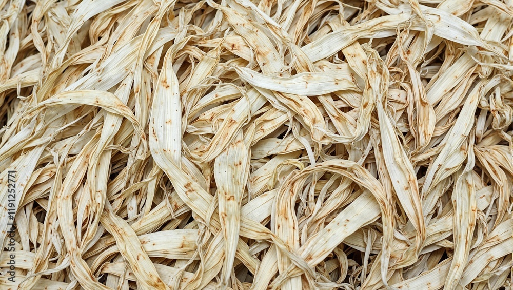 Macro shot of dried corn husks showcasing intricate fibrous details in beige tones with hints of green and brown Macro shot of dried corn husks showcasing intricate fibrous details in beige tones with hints of green and brown