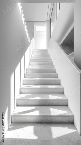 White marble staircase receiving light from large windows in modern building