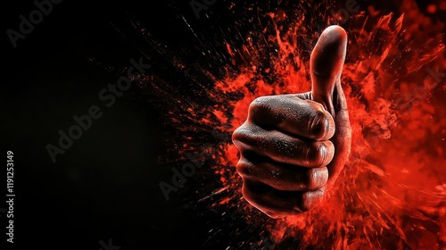 Powerful Thumbs Up: A dramatic close-up of a strong hand giving a thumbs up, set against an explosive background of red and black, symbolizing strength, determination, and approval.  photo