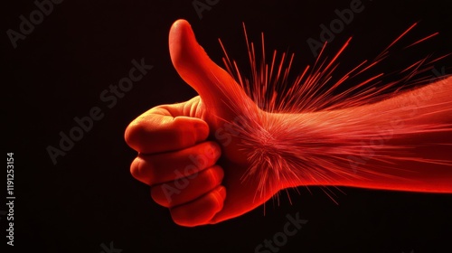 Red Hot Approval: A bold and graphic representation of a thumbs up gesture with a striking red light burst emanating from the hand. The image conveys a powerful sense of agreement, enthusiasm. photo