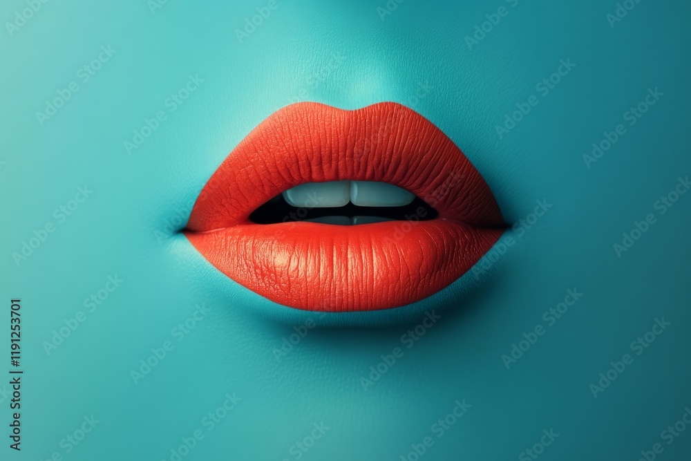Close-up of seductive orange lips showing white teeth on a turquoise background, representing beauty, cosmetics, and fashion Close-up of seductive orange lips showing white teeth on a turquoise background, representing beauty, cosmetics, and fashion