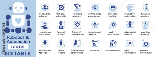 Robotics and Automation vector icons for AI, robotics, IoT, industry 4.0, automation tech, and smart solutions. Editable