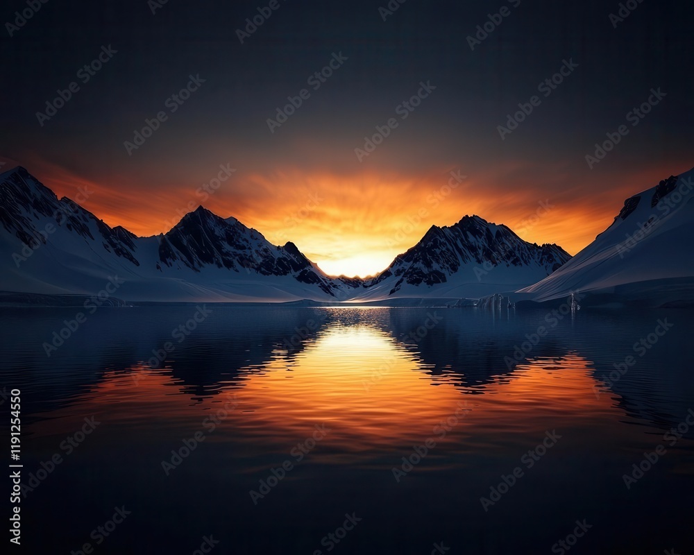 Fototapeta premium Polar regions in a mirror reflecting a fiery sky, contrast between icy past and warming future, surreal