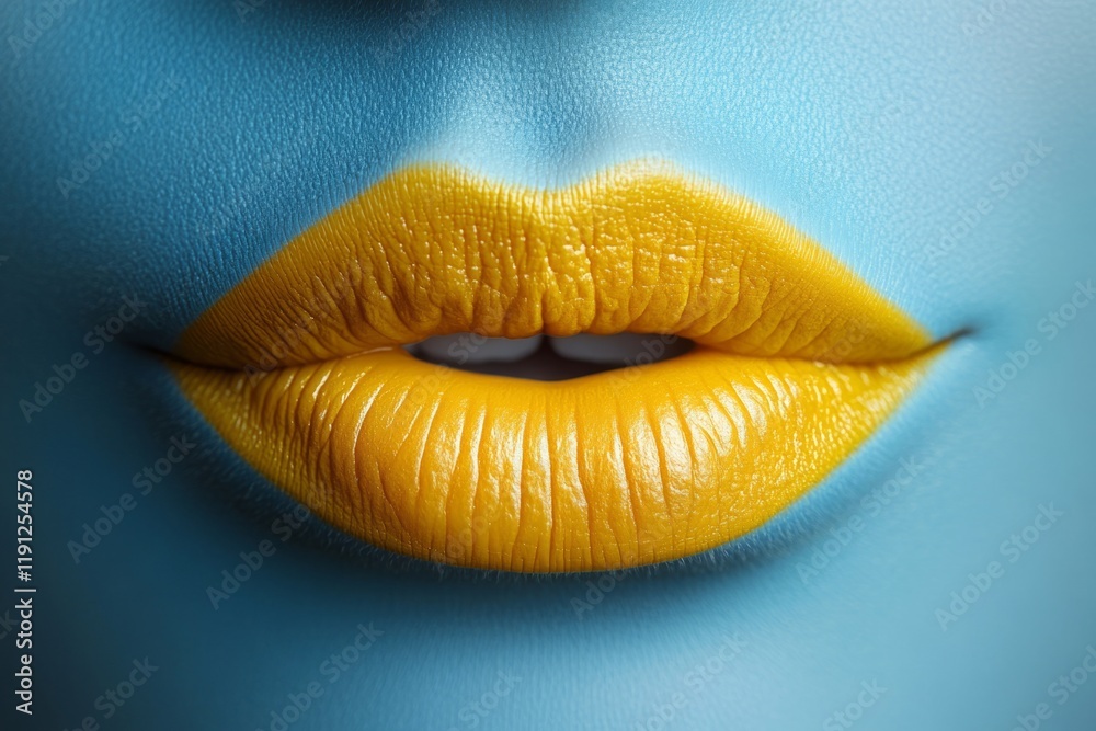 Close-up of yellow lipstick on a model with blue skin, highlighting a bold and unusual beauty look Close-up of yellow lipstick on a model with blue skin, highlighting a bold and unusual beauty look