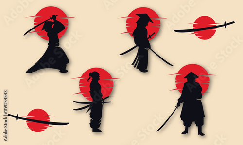 Set of 4 samurai logo silhouette design illustration.