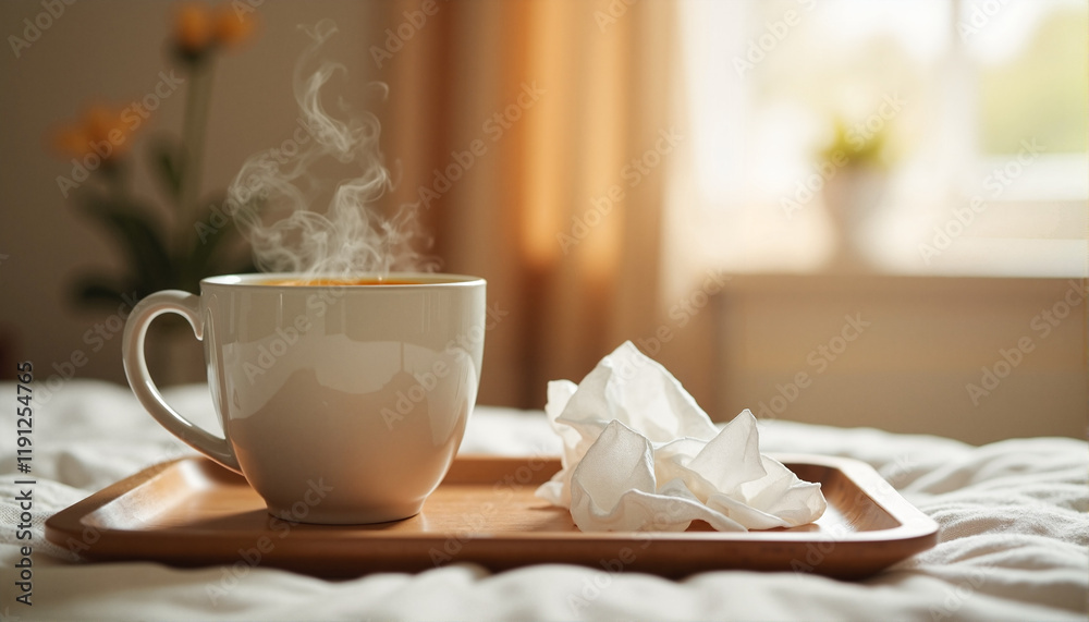 Steaming cup of tea on wooden tray with tissues, flu theme Steaming cup of tea on wooden tray with tissues, flu theme