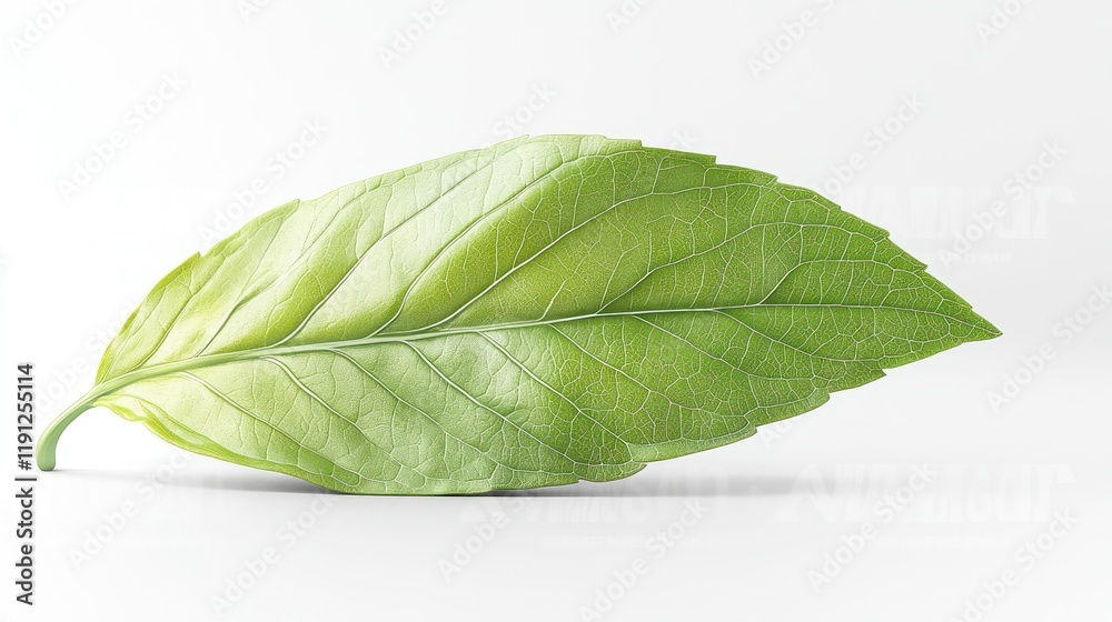 Obraz premium A single green leaf on a white background.