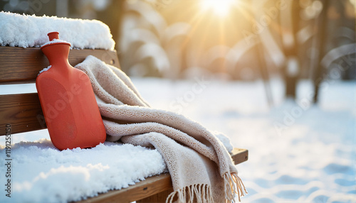 Winter sunny scene with hot water bottle on snowy bench, flu theme photo