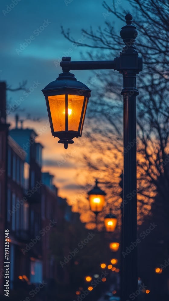 Warm light emanating from street lamps at dusk, creating a cozy urban atmosphere Warm light emanating from street lamps at dusk, creating a cozy urban atmosphere