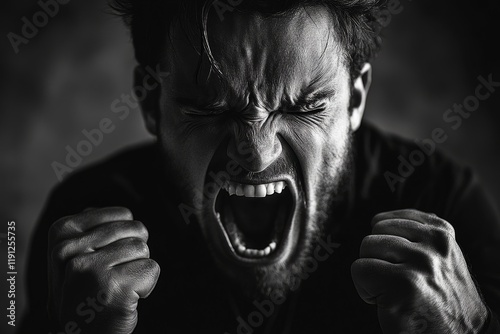 Close-up black and white portrait of furious man screaming and clenching fists, expressing rage and frustration
