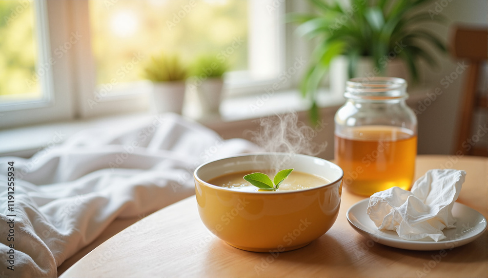 Warm soup in yellow bowl on wooden table by window, flu theme Warm soup in yellow bowl on wooden table by window, flu theme