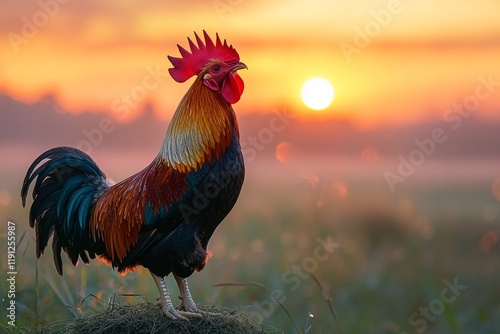 Colorful rooster crowing at sunrise in a meadow