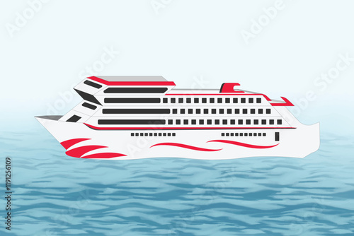 Ship vector design, Ship illustration, White cruise ship, liner, boat swim at South sea, Pacific, Atlantic ocean. Traveling by ship, booking voyage tickets concept. Calm good weather day marine,  free