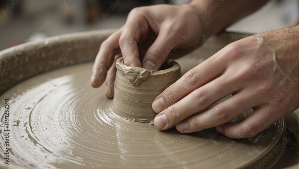 Sculpting wet clay on pottery wheel forming elegant curves under soft light Sculpting wet clay on pottery wheel forming elegant curves under soft light
