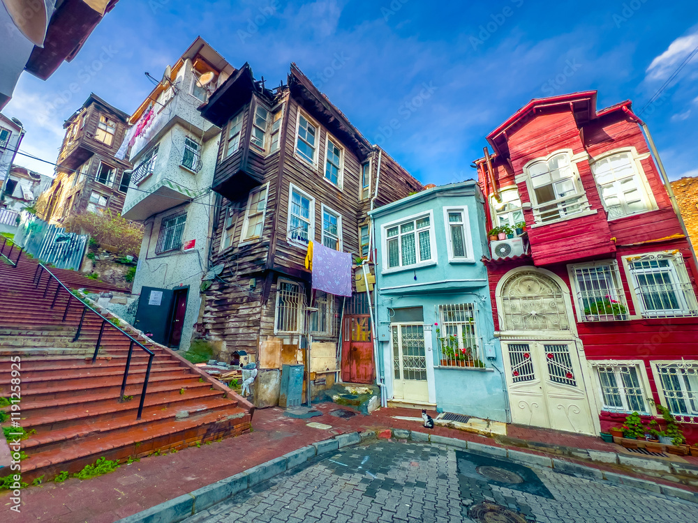 Balat district street view with colorful houses in Istanbul, Turkey.