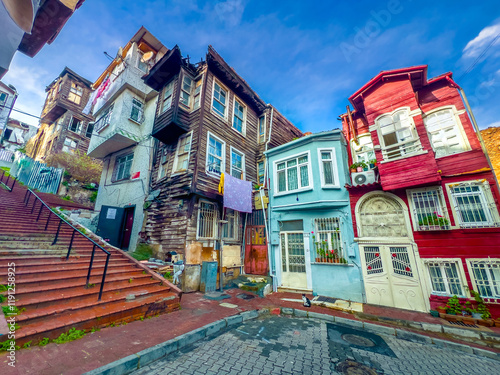 Obraz na płótnie Balat district street view with colorful houses in Istanbul, Turkey. w salonie