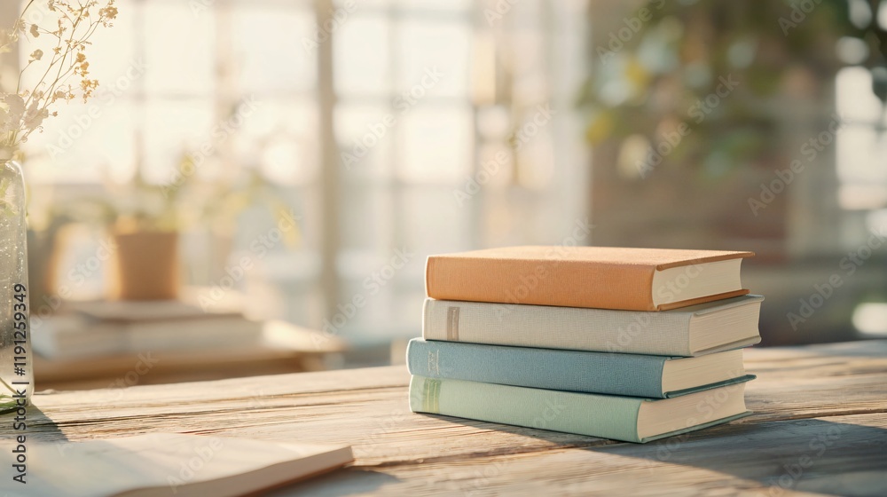 Arranging a Stack of Vibrant Hardcover Books on a Wooden Table in a Bright Cozy Room Arranging a Stack of Vibrant Hardcover Books on a Wooden Table in a Bright Cozy Room