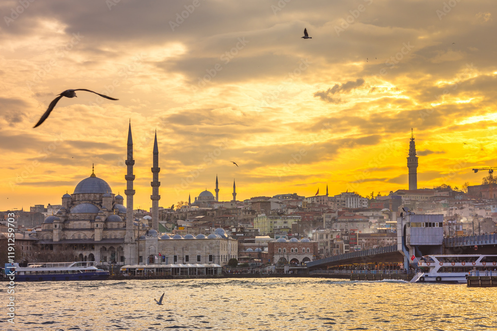 Yeni Cami or New Mosque or Valide Sultan Camii Mosque, an Ottoman imperial mosque situated at old town eminonu near egyptian bazaar, Instabul, Turkey.