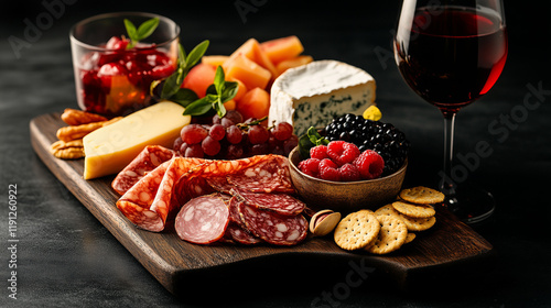 Delicious charcuterie board with meats, cheeses, fruits, and wine prepared for an evening gathering at home