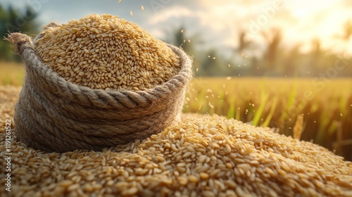 Wallpaper Mural Paddy rice in burlap sack on harvested rice field at sunset. Torontodigital.ca