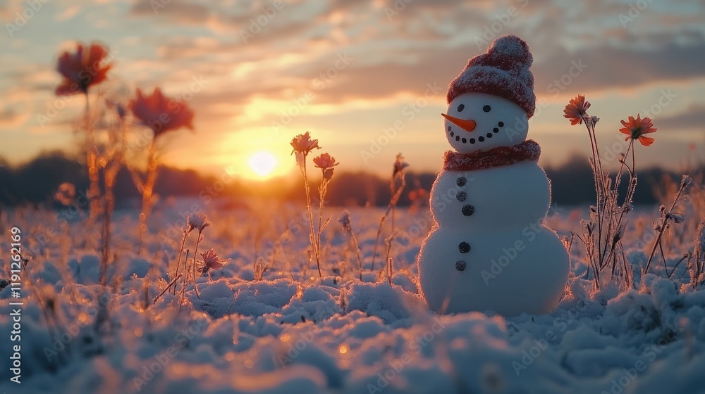 Obraz premium Frosty snowman sunset, winter wonderland.