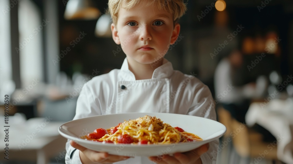 Young Chef Proudly Presents Delicious Pasta Dish Young Chef Proudly Presents Delicious Pasta Dish