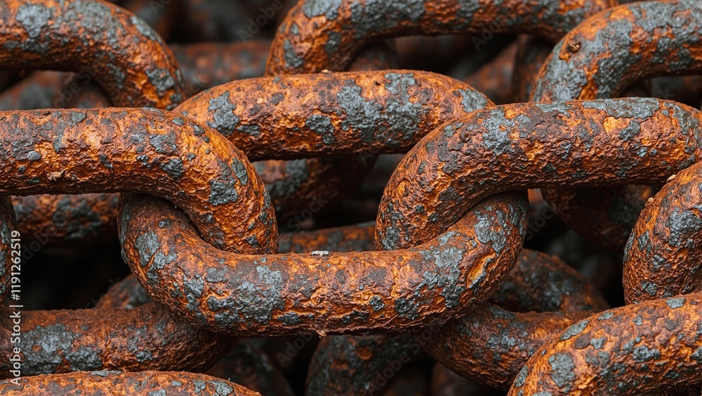 Dramatic close up of a rusting metal chain with pitted textures and deep orange oxidation Dramatic close up of a rusting metal chain with pitted textures and deep orange oxidation