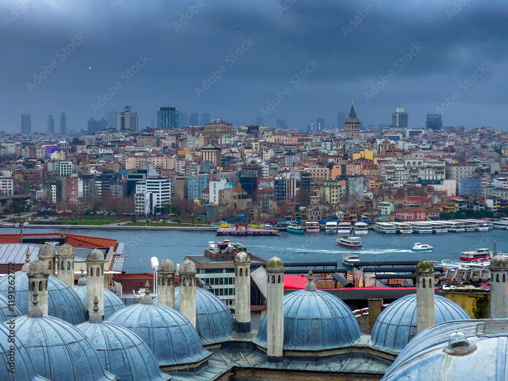 Panoramic view of Istanbul, Turkey. Istanbul through the domes and chimneys of the Suleymaniye Complex