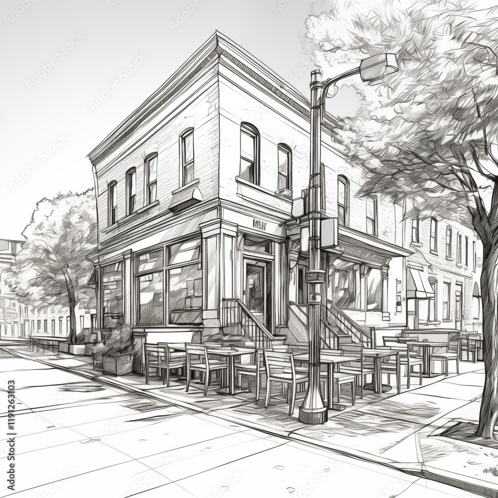 Fototapeta premium Street cafe in the city, umbrellas and tables. Illustration in vintage style,. simple black and white sketch, minimalism