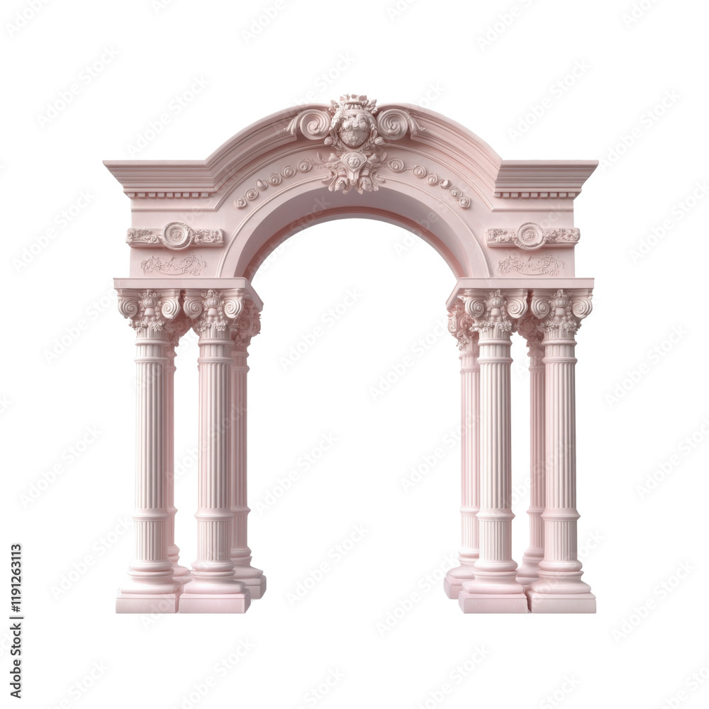 Naklejka premium 3D decorative pink arch with pillars, showcasing classic architectural elements and layered design. The illustration reflects elegant and refined aesthetic. Isolated on transparent background, png.
