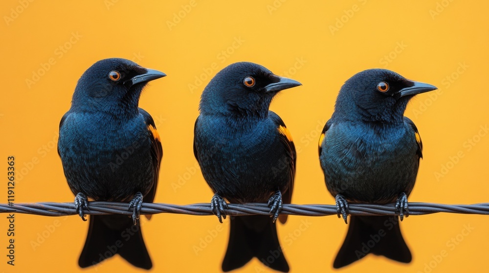 Fototapeta premium Three blackbirds perched on wire against vibrant yellow background