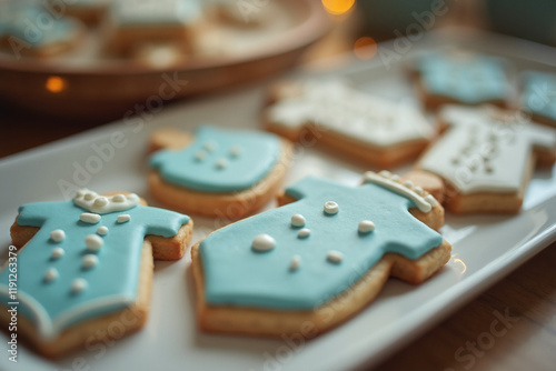 Delicious blue baby-themed cookies shaped like onesies and bottles, intricately iced, creating a delightful treat for baby showers and celebrations. Baked cookies. Baby shower. Baby boy party. Newborn