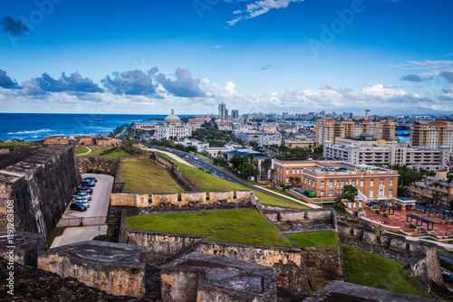 View of Old San Juan and ocean from Castillo San Cristobal at San Juan National Historic Site. photo