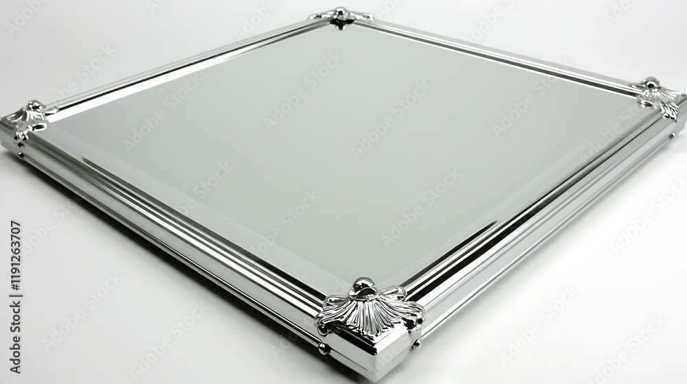 Ornate silver framed square mirror reflecting light Ornate silver framed square mirror reflecting light
