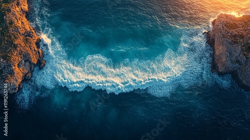 Aerial view of crashing waves against rocky cliffs during sunset.