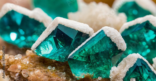 Green blue Dioptase with white calcite. Specimen from Tsumeb, Namibia. Micro photography extreme close-up. microscope mineral crystal photography for Scientific use.