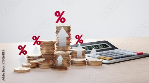 Stacked coins with upward arrows and percentage symbols representing rising interest rates, economic growth, or tax calculations, alongside a calculator.