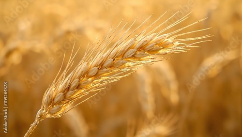 Macro view of golden wheat stalk bending in the wind kernels glistening in sunlight fine hairs on husk adding texture