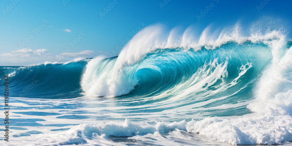 Powerful ocean blue waves with white foam isolated on a white background.