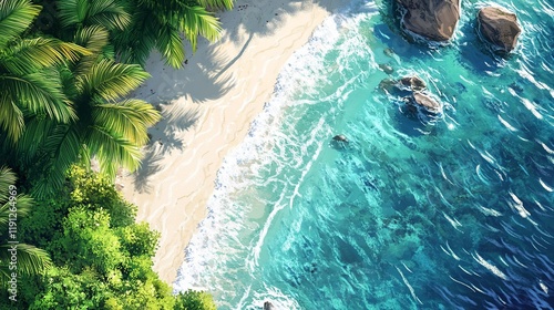 A serene beach scene with turquoise waters, sandy shore, and lush greenery.