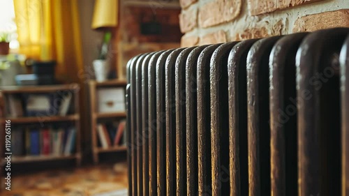 Close-up of a vintage cast iron radiator in a cozy living room with brick walls and warm decor. Home heating and comfort concept