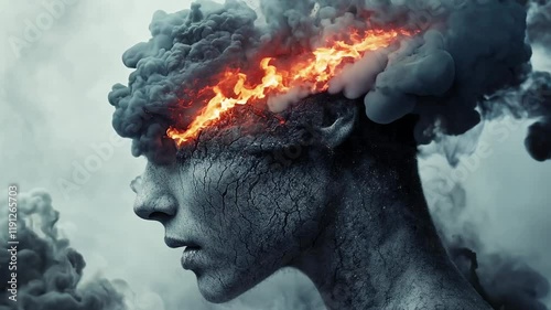 Fiery Cracked Face with Smoke and Flames in Artistic Animation