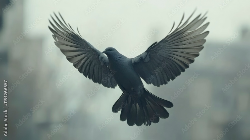 Obraz premium Majestic Pigeon in Flight Against a Blurred Cityscape