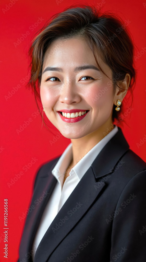 Smiling Asian businesswoman in black suit against red background