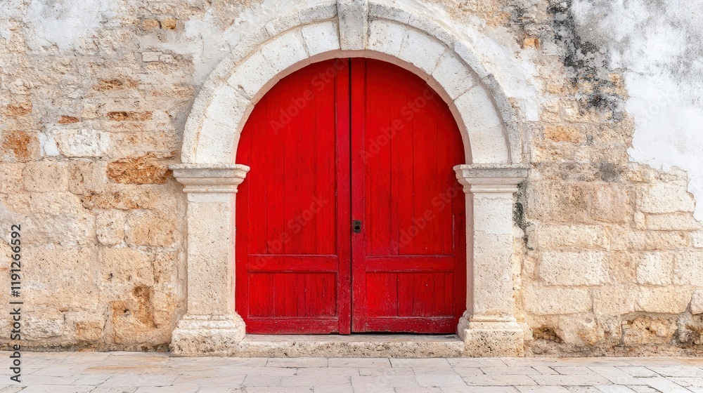 Ancient Red Wooden Door in Stone Archway Ancient Red Wooden Door in Stone Archway